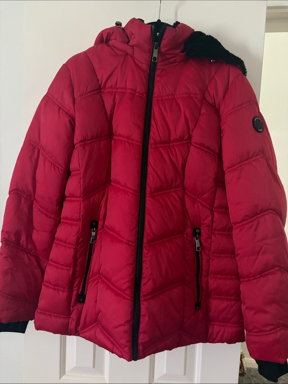 Nautica women’s  Bright Red Quilted Puffer Jacket with Hood